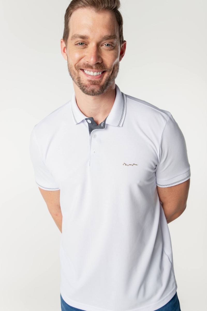 Camisa Polo Piquet Detalhes Jacquard Logo Bordado Branco