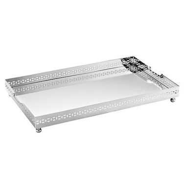 Bandeja Prata Retangular C/Galeria Cross Fundo Espelho Grande Saint James