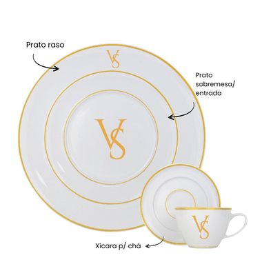 Kit 6 Xícaras e Pires de Porcelana Iniciais Personalizadas Dourado