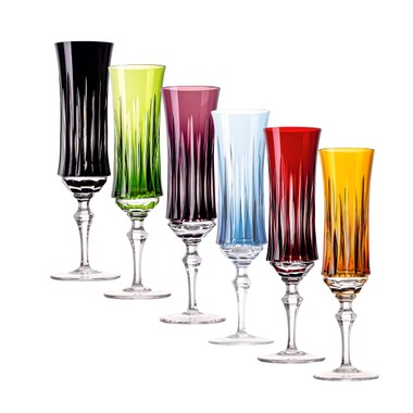 Kit 6 Taças de Cristal Lapidado 66 P/Champagne Coloridas