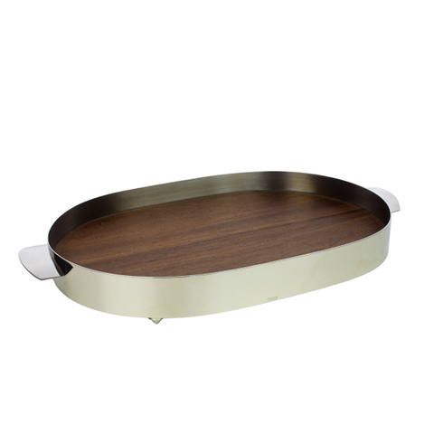 Bandeja Aço Inox Arredondada C/Fundo Madeira St James