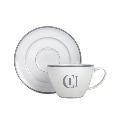 Kit 6 Xicaras e Pires de Porcelana Monograma Personalizadas Prateado