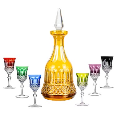 Kit Licoreira Cristal Amarelo e 6 Taças Cristal Lapidado 69 Coloridas