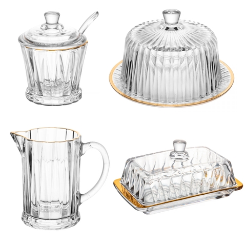 Kit 4 Pcs de Cristal(queijeira - Manteigueira - Açucareiro - Leiteira) de Cristal C/Fio Dourado Radial