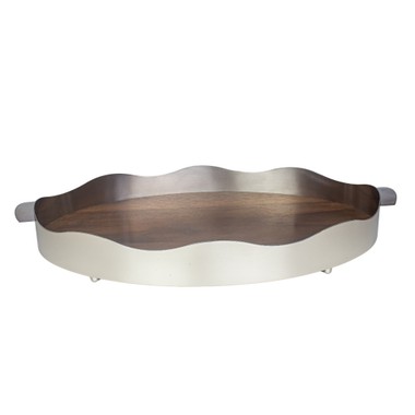 Bandeja Galeria Lisa Oval Grande em Niquel com Fundo de Madeira St James