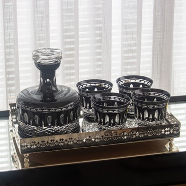 Kit Garrafa Whisky e 4 Copos Cristal Lapidado 68 Preto