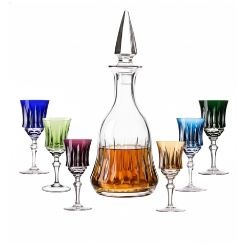Kit Licoreira Cristal Incolor e 6 Taças Cristal Coloridas Lapidado 66