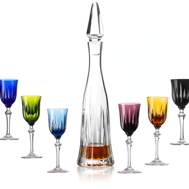 Kit Licoreira Cristal e 6 Taças Cristal Lapidado 66 Coloridas