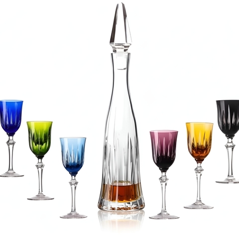 Kit Licoreira Cristal e 6 Taças Cristal Lapidado 66 Coloridas