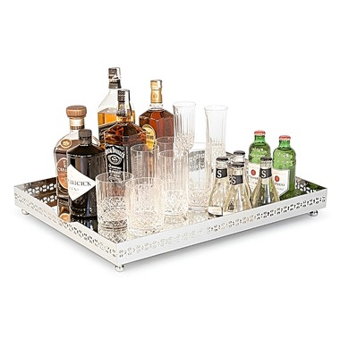 Bandeja Prata Retangular C/Galeria Cross Fundo Espelho Grande Saint James