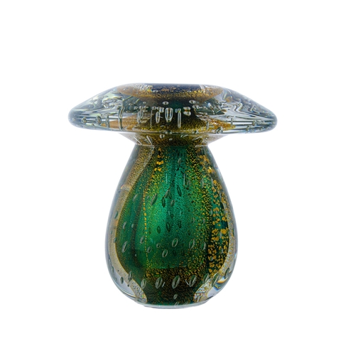 Cogumelo Murano P Verde Folha com Ouro 24k