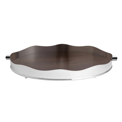 Bandeja de Prata Galeria Lisa Oval Aba Reta C/Fundo Madeira Saint James