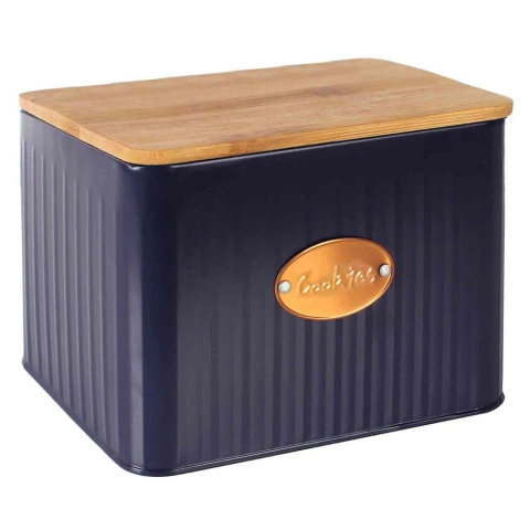 Pote Porta Biscoito de Ferro Azul e Tampa Madeira