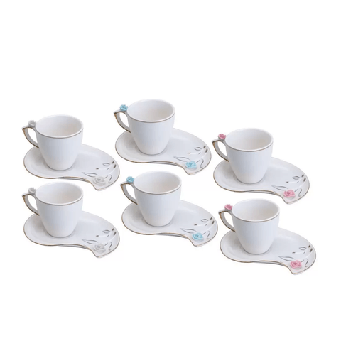 Conjunto 6 Xícaras Café Porcelana Flower Design Plate Colorido