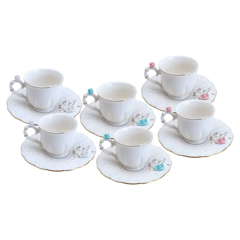 Conjunto 6 Xícaras Café Porcelana Flower Round Plate Colorido