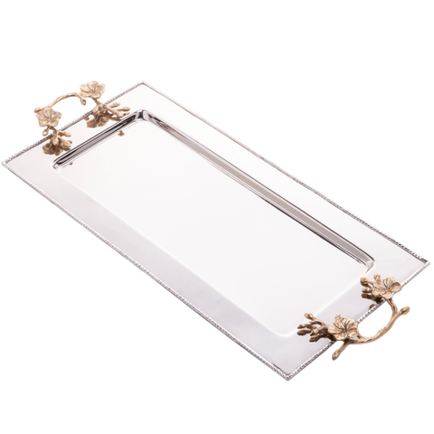 Bandeja Aço Inox Retangular C/Alça Dourada