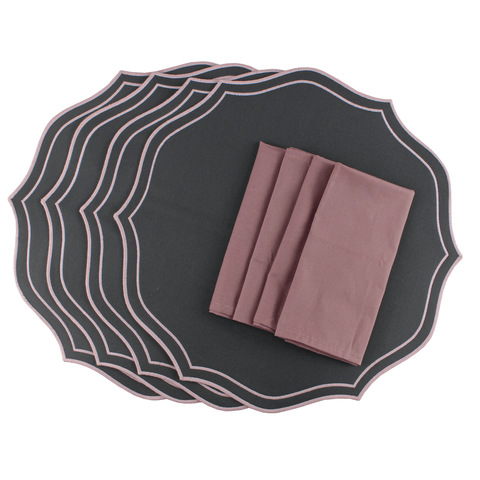 Kit 4 Jogos Americanos Ravena Cinza e Rosa e 4 Guardanapos Algodão Rosa Vintage