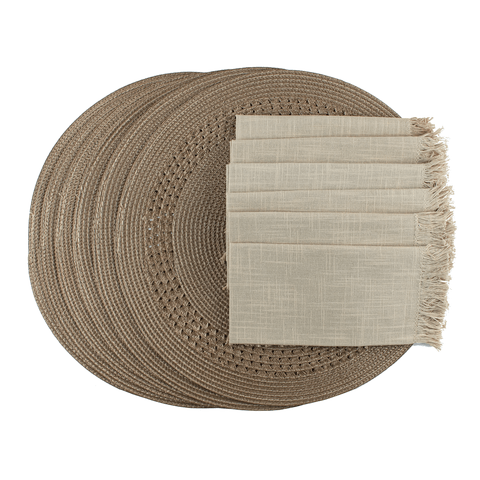 Kit 6 Jogos Americanos Luna Tressê Allure e 6 Guardanapos Algodão Franja Taupe