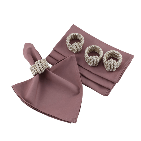 Kit 4 Guardanapos Algodão Rosa Vintage e 4 Porta Argolas de Guardanapo Trance Perola