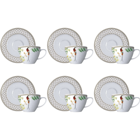 Conjunto 6 Xícaras e 6 Pires P/Café de Porcelana Bela Fauna