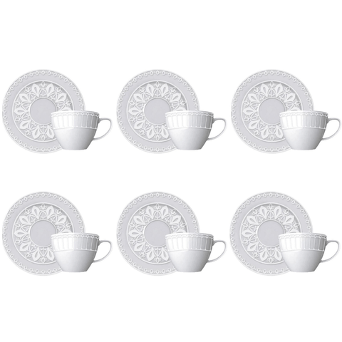 Conjunto 6 Xícaras e 6 Pires P/Chá de Porcelana Palace