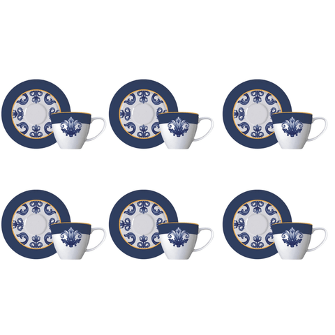 Conjunto 6 Xícaras e 6 Pires P/Café de Porcelana Porto C/Filete de Ouro 24k