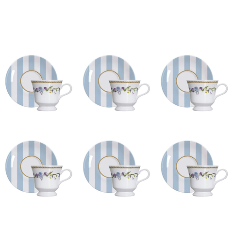Conjunto 6 Xícaras e 6 Pires P/Chá de Porcelana Floral Chic