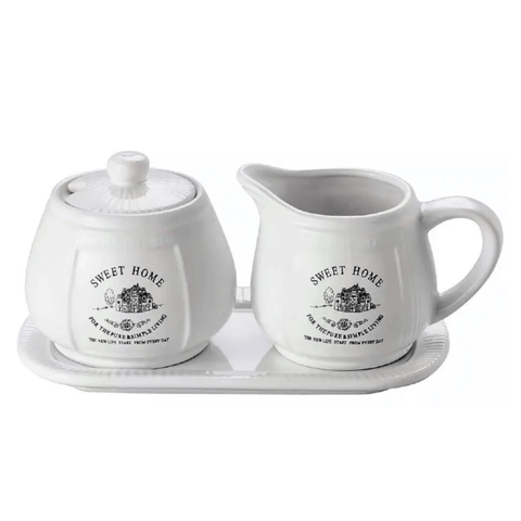 Conjunto Leiteira e Açucareiro C/Bandeja de Cerâmica Sweet Home