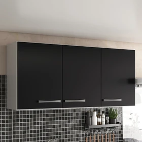 Armário Cozinha Serviço 3 Portas Aéreo Branco/Preto Pux Cinz