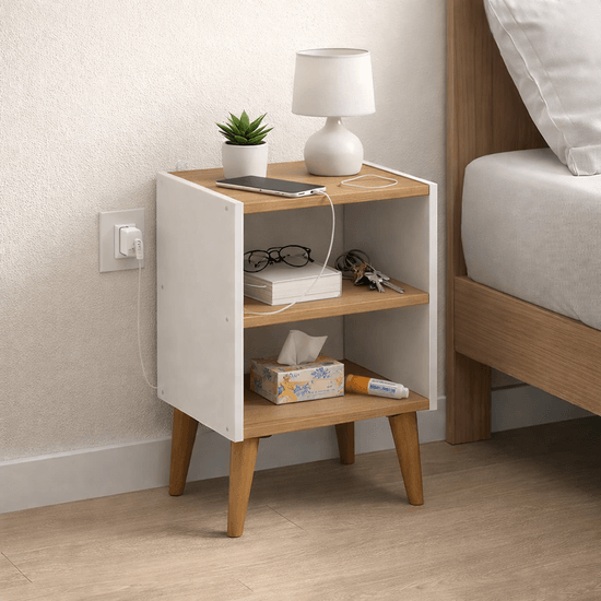 Mesa de Cabeceira Lim - 56x36x29,5cm - Cor Branco Castanho