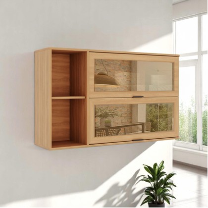 Armário Aéreo Castanha 1200mm com 2 Portas de Vidro Cinza/Freijó - Telasul