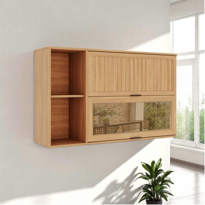 Armário Aéreo Castanha 1200mm 1 Porta Ripada e 1 Porta de Vidro Cinza/Freijó - Telasul