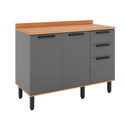 Balcão de Cozinha Castanha 1200mm com Tampo 3 Portas e 2 Gavetas Cinza/Freijó - Telasul