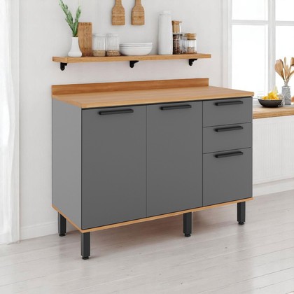 Balcão de Cozinha Castanha 1200mm com Tampo 3 Portas e 2 Gavetas Cinza/Freijó - Telasul