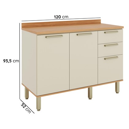 Balcão de Cozinha Castanha 1200mm com Tampo 3 Portas e 2 Gavetas Arenas/Freijó - Telasul