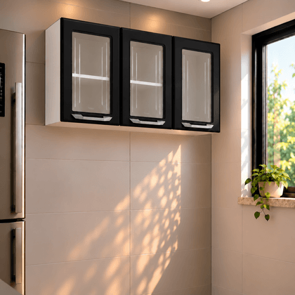 Armário de Cozinha de Aço Aéreo Triplo Topázio Branco/Preto - Telasul
