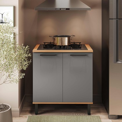 Balcão de Cozinha Castanha 800mm P/ Cooktop 4 Bocas C/ Tampo 2 Portas Cinza/Freijó - Telasul