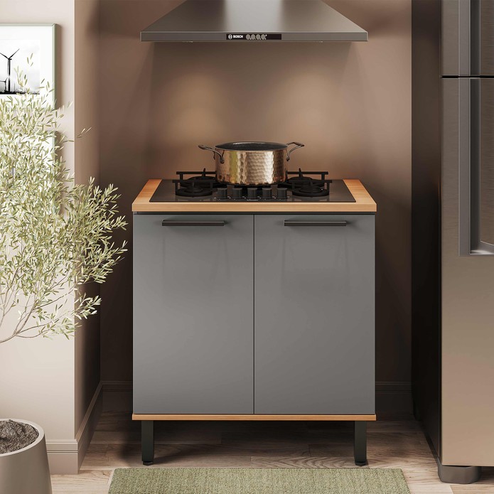 Balcão de Cozinha Castanha 800mm P/ Cooktop 4 Bocas C/ Tampo 2 Portas Cinza/Freijó - Telasul