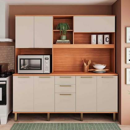 Armário de Cozinha Kit Compacto Castanha 1900mm 8 Portas 2 Gavetas Arenas/Freijó - Telasul