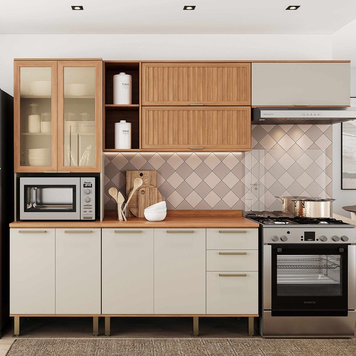 Armário de Cozinha Castanha 2700mm com Vidro e Ripado 4 Peças Arenas/Freijó - Telasul