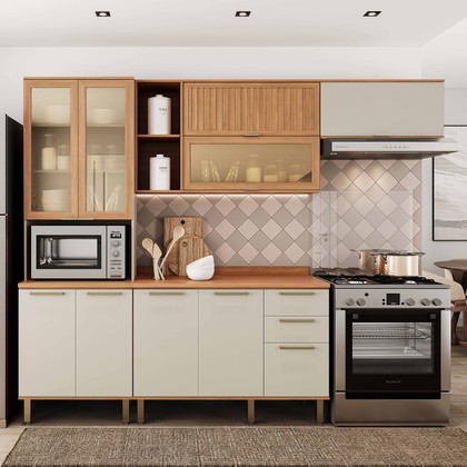 Armário de Cozinha Castanha 2700mm com Vidro e Ripado Arenas/Freijó - Telasul