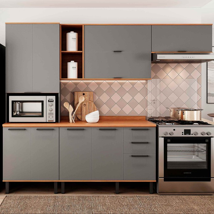 Armário de Cozinha Completa Castanha 2700mm 4 Peças Cinza/Freijó - Telasul