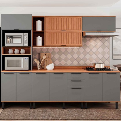 Armário de Cozinha Completa Castanha 2700mm  5 Peças Cinza/Freijó - Telasul