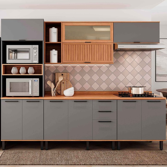 Armário de Cozinha Completa Castanha 2700mm Torre Quente 5 Peças Cinza/Freijó - Telasul