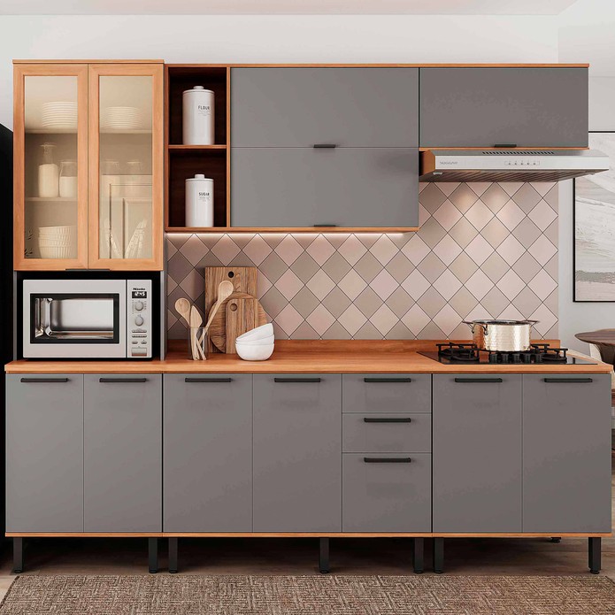 Armário de Cozinha Castanha 2700mm Paneleiro C/ Vidro 5 Peças Cinza/Freijó - Telasul