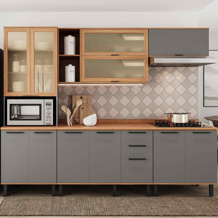 Armário de Cozinha Completo Castanha 2700mm 5 Peças Cinza/Freijó - Telasul