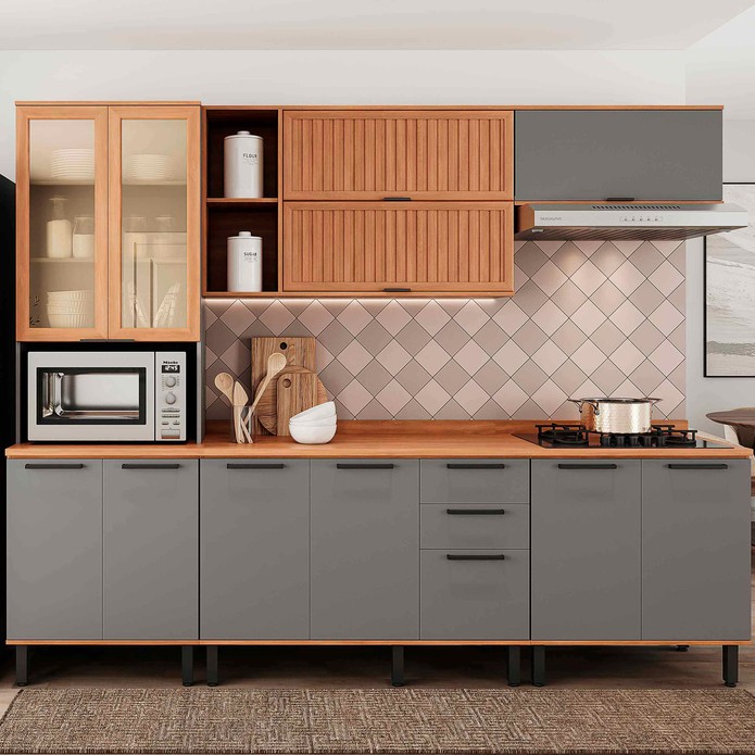 Armário de Cozinha Completo Castanha 2700mm com Ripado e Vidro Cinza/Freijó - Telasul