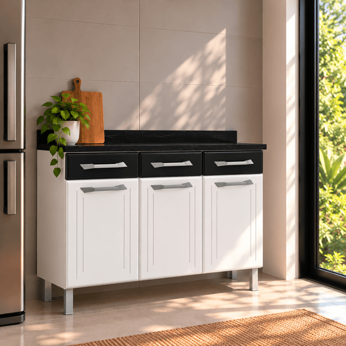 Balcão de Cozinha de Aço Triplo Topázio C/ Tampo Branco/Preto - Telasul