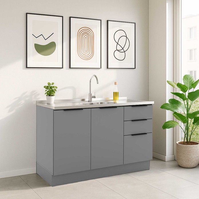 Balcão de Cozinha Lumina 1200mm com Rodapé sem Tampo 2 Portas e 3 Gavetas Cinza/Cinza - Telasul