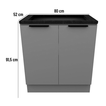 Balcão de Cozinha Lumina 800mm com Rodapé para Cooktop 5 Bocas com Tampo 2 Portas Cinza/Cinza